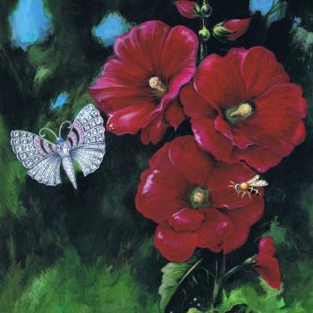 Hollyhocks and Jeweled Bugs